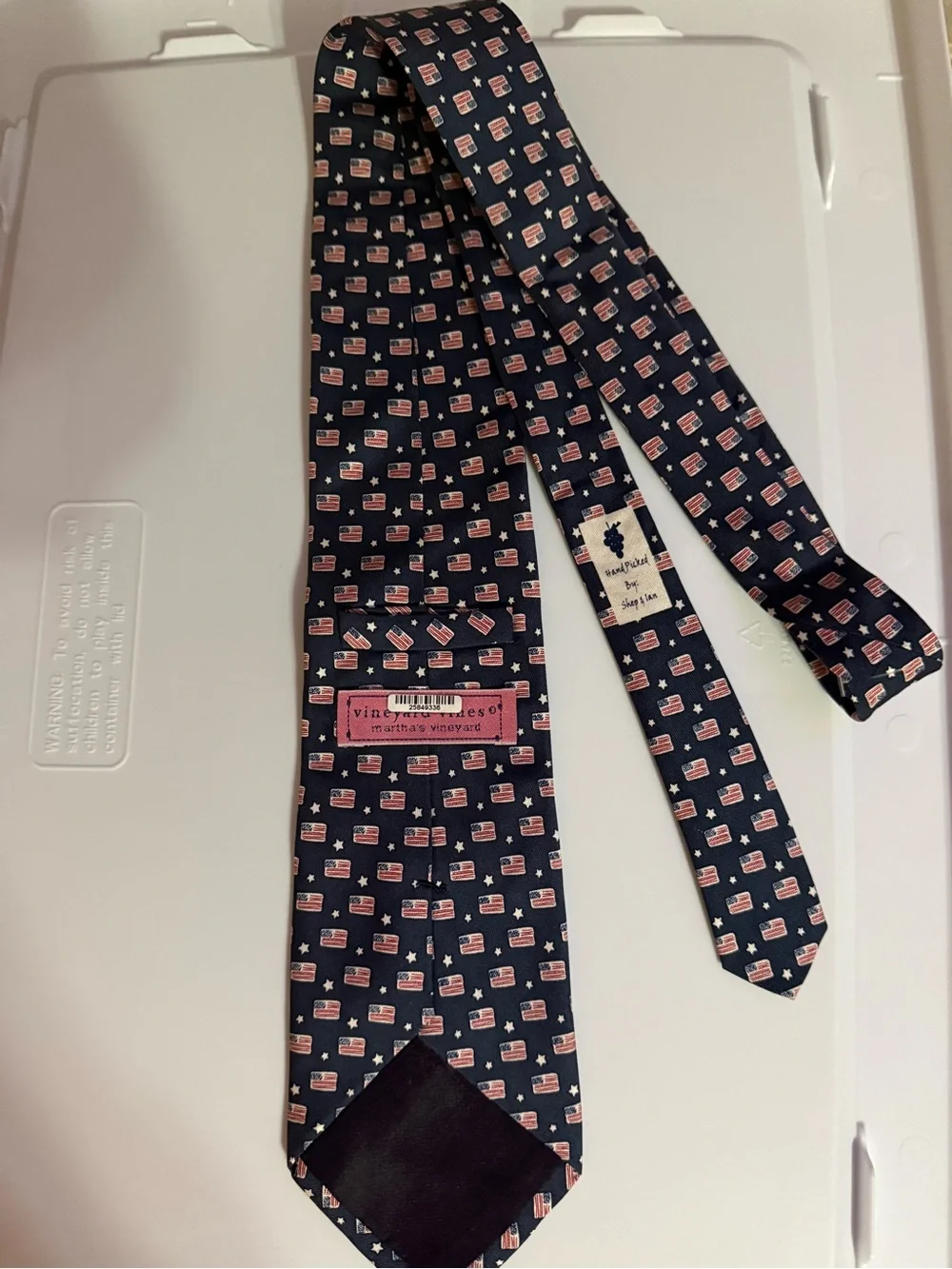Vineyard Vines Navy Silk Tie with Red and White Flag Motif
